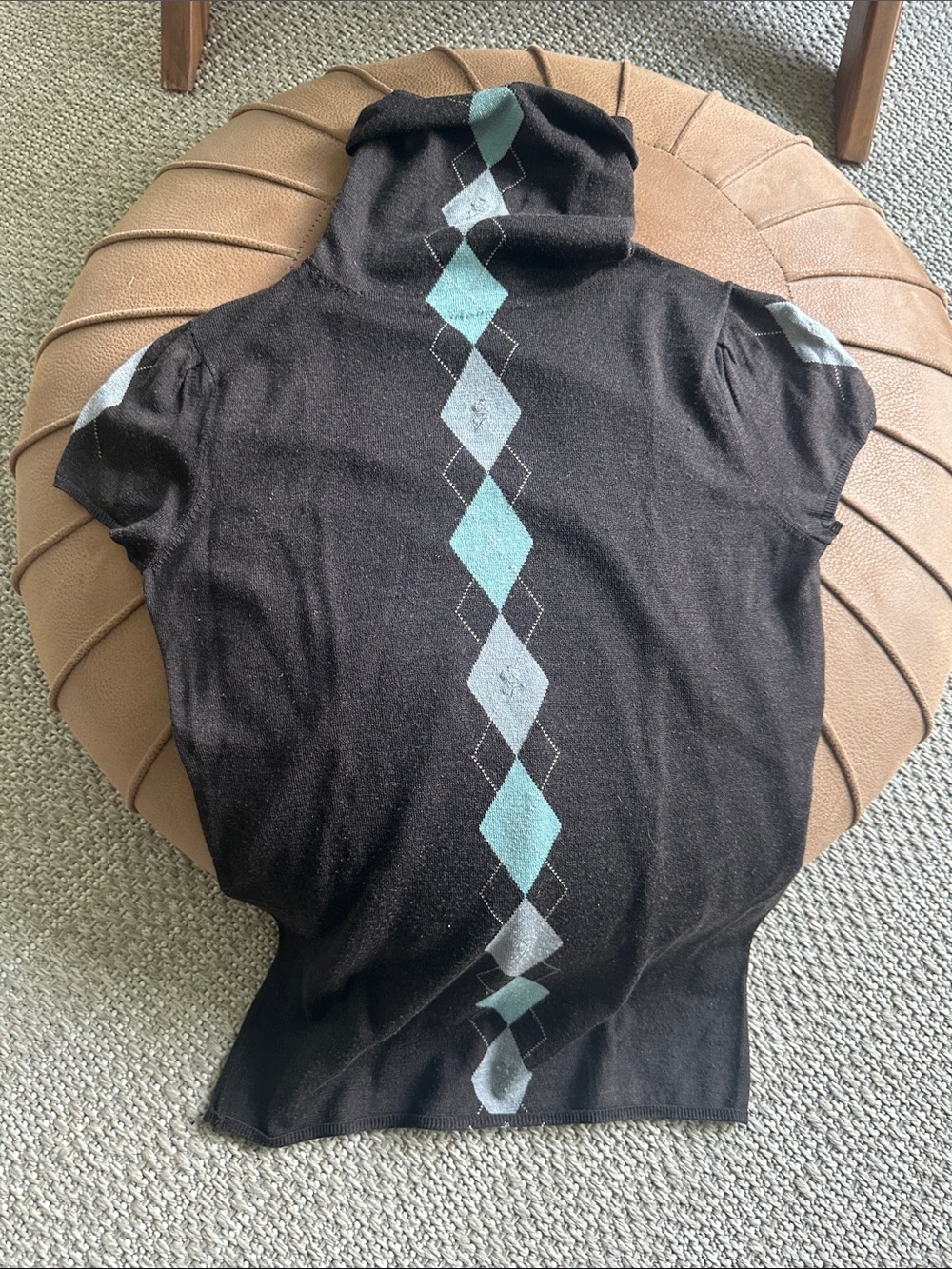 Facconable Capped Sleeve Turtleneck Sweater with Aqua Argyle Stripe